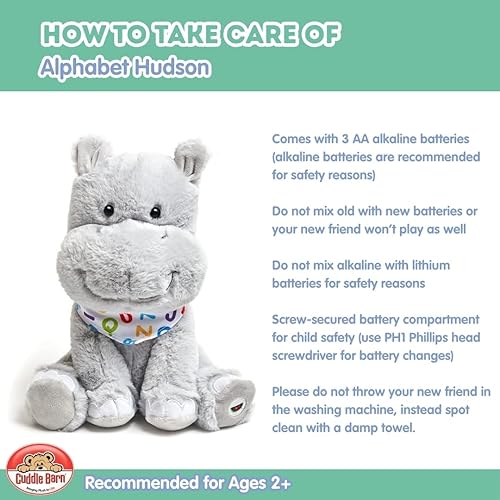 Miniatura 5 de Cuddle Barn - Alphabet Hudson Peluche de hipopótamo animado que canta con orejas a la canción ABC y Ten Little Elephants, 11 pulgadas