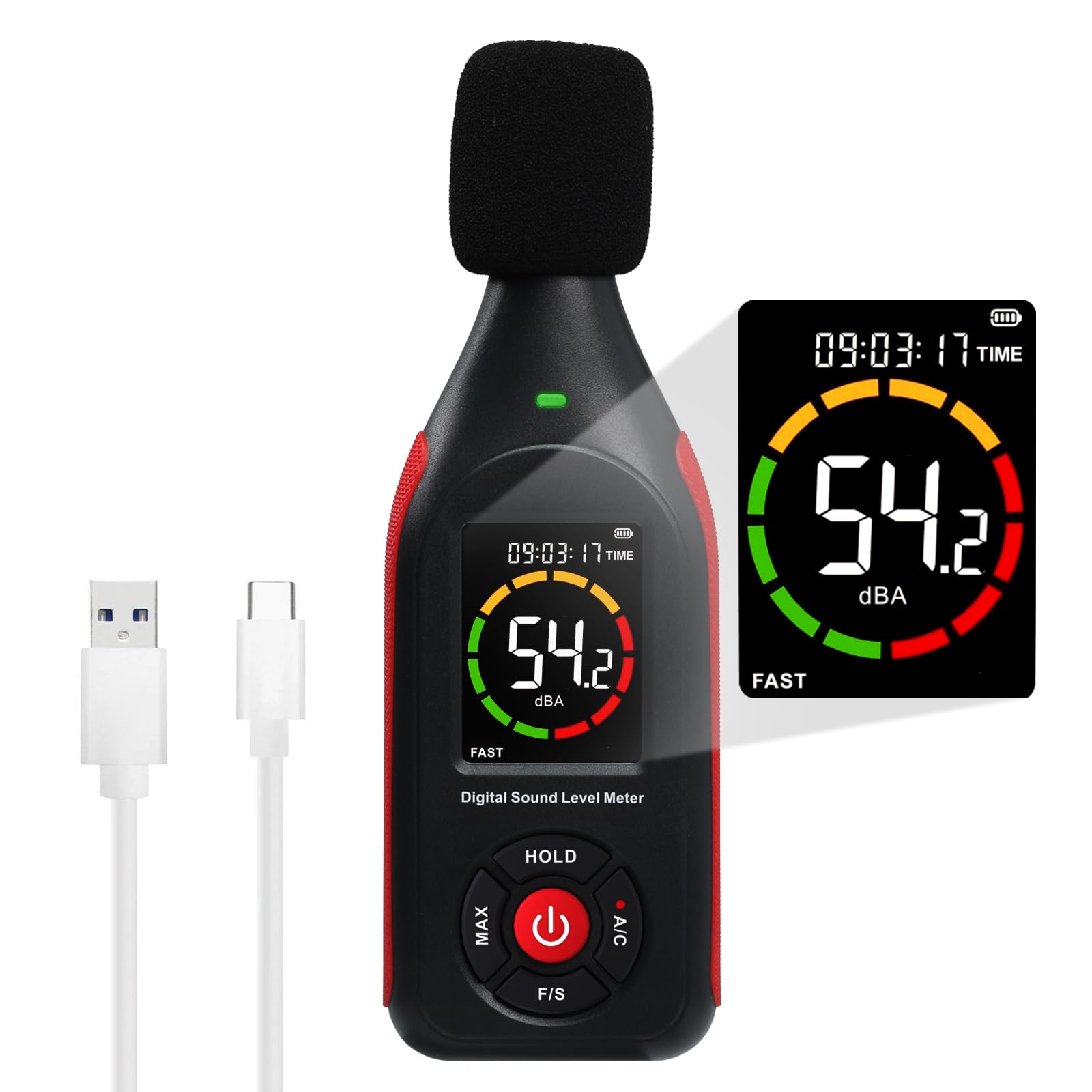 Misuratore di rumore acustico Misuratore di livello sonoro Misuratore dB SPL Misurazione del rumore ambientale in tempo reale, frequenza A/C 31.000 registrazioni di dati Misuratore di decibel.