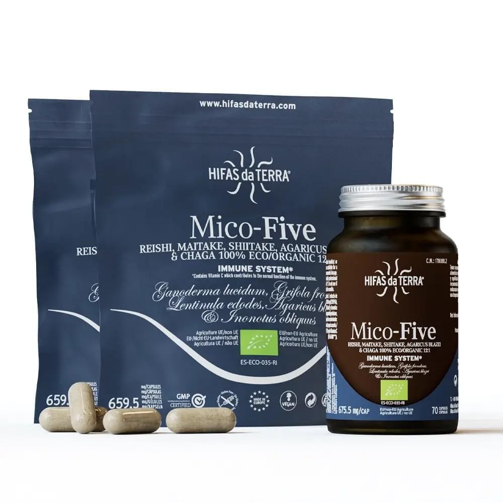 HIFAS DA TERRA - Mico-Five - Extracto Puro de Reishi, Maitake, Shiitake, Champiñón del sol y Chaga con Vitamina C - Refuerzo inmunitario natural - Extracto de Hongos - Refill 60 Cápsulas