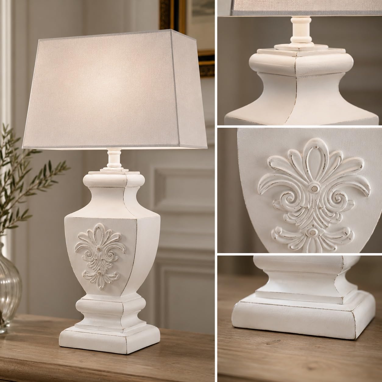Vintage Tischlampe Landhausstil Weiß 53 cm–Shabby Chic Nachttischlampe mit rechteckigem Stoffschirm, Holzfuß, E27 Fassung, Tischleuchte für Schlafzimmer, Wohnzimmer & Flur Ideal für Nostalgie Lampe
