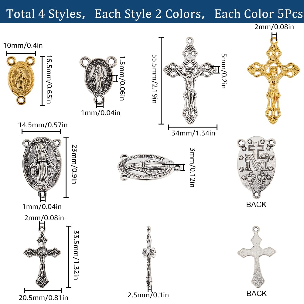 SUNNYCLUE 1 Box 40Pcs 8 Styles Rosary Cross Charms Silver Crucifix Rosary Charm Easter Holiday Gold Tibetan Alloy Oval Chandelier Links Charm for jewellery Making Charms Supplies DIY Necklaces Crafts - Image 2