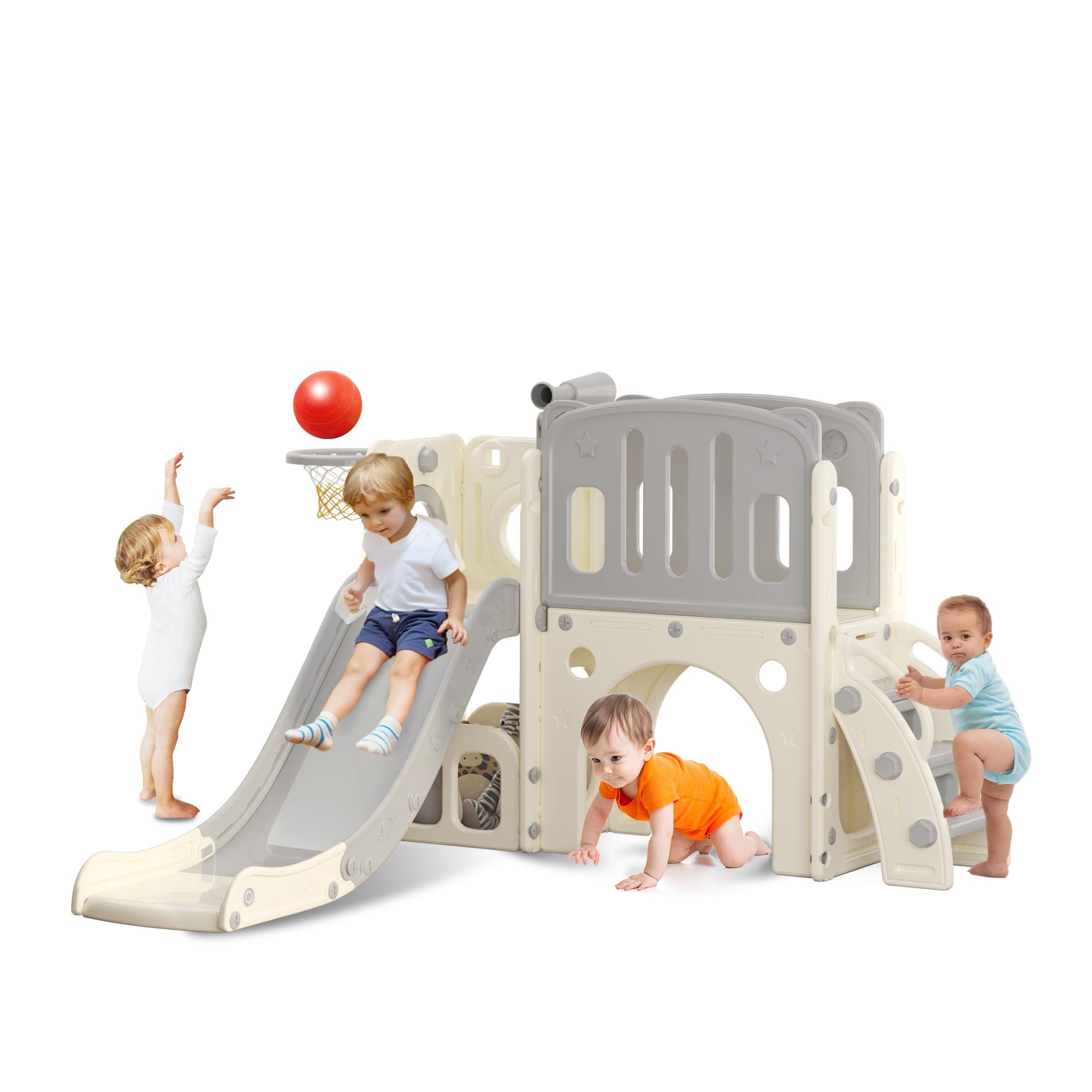 Toddler Slide with Ladder, Basketball Hoop and Tunnel, Indoor Plastic Infant Slide Set, Montessori Playground Toys, Gray