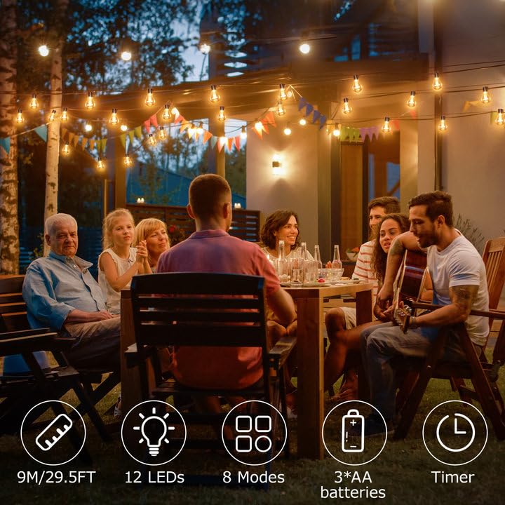 Outdoor String Lights Battery Operated: 9m/30ft LED with 12 A60 Plastic Bulb Hanging Festoon Light Remote Waterproof for Garden Decorative Cafe Patio Pergola Indoor - Image 4