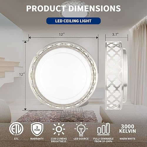 Miniatura 3 de Lámpara de techo empotrada, lámpara LED de techo con acabado de níquel cepillado, 12 pulgadas, 3000 K3500 K4000 K5000 K6000 K, luz de techo