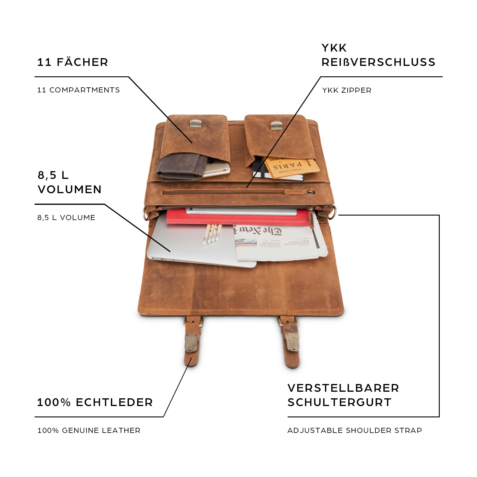 LEABAGS Leder Aktentasche Herren & Damen I Echtleder Laptoptasche bis 15 Zoll I Umhängetasche mit Schultergurt I Schultertasche I Messenger Bag I Arbeitstasche I Lehrertasche