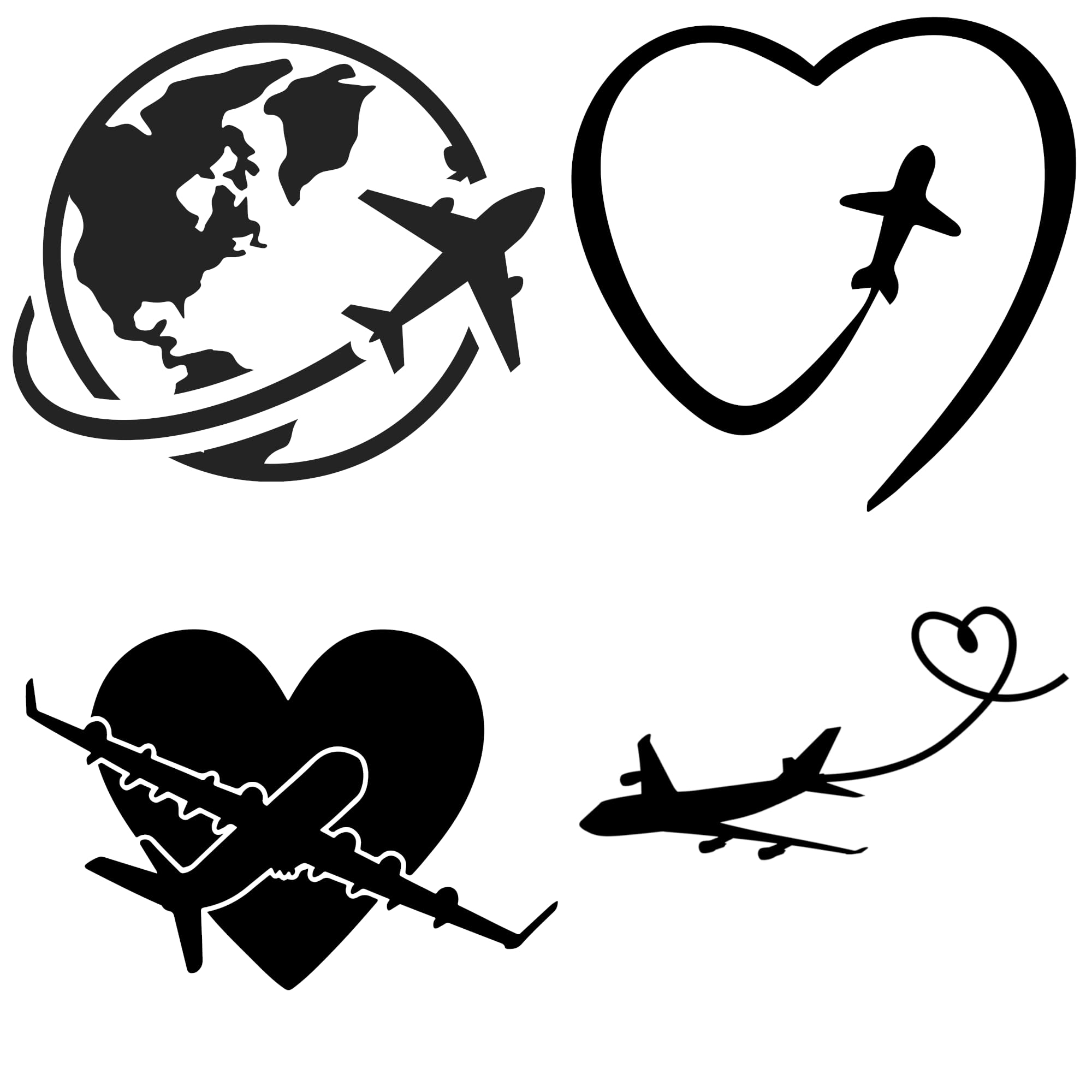 Airplane Love Heart Waterproof Sticker- Suitcase Stickers - Laptop Stickers - Car Stickers and Decals - Wall Decals - Luggage Stickers - Aviation Gifts (Small, Pack of All 4)