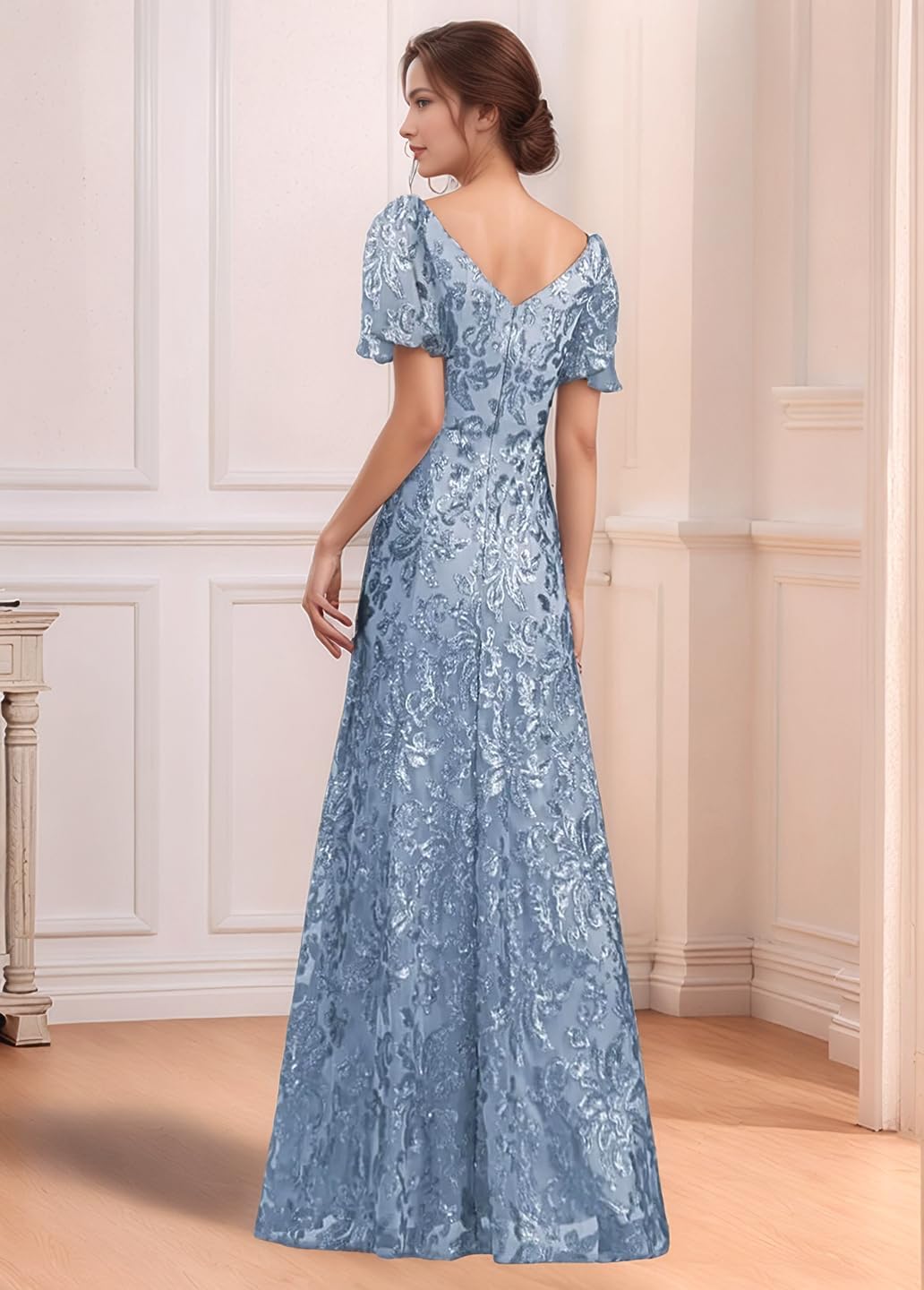 Sparkly Sequin Mother of The Bride Dresses Women's Flutter Sleeves V-Neck Long Formal Evening Party Dress