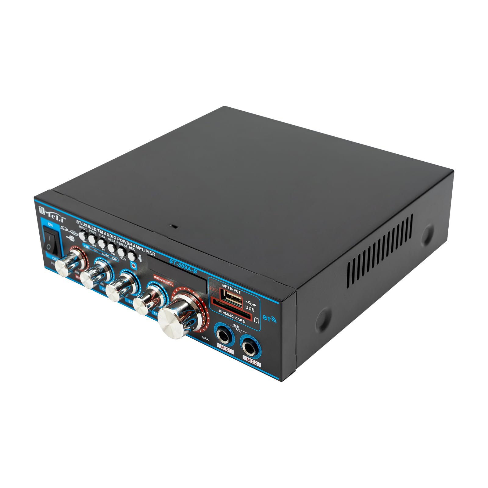 Wzmacniacz HiFi Bluetooth Stereo Radio Amplifier Mini HiFi FM odbiornik z pilotem zdalnego sterowania, pełny wzmacniacz, 2 kanały 400 W AC 220 V / DC 12 V, dwa przyłącza mikrofonowe CR2052,
