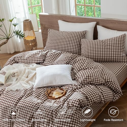 Image of MooMee Gingham Duvet Cover Set 100% Washed Cotton Linen Like Textured Breathable Durable Soft Comfy Modern Checkered Design (Classic Gingham Cocoa Brown, Queen 90 inchx90 inch)