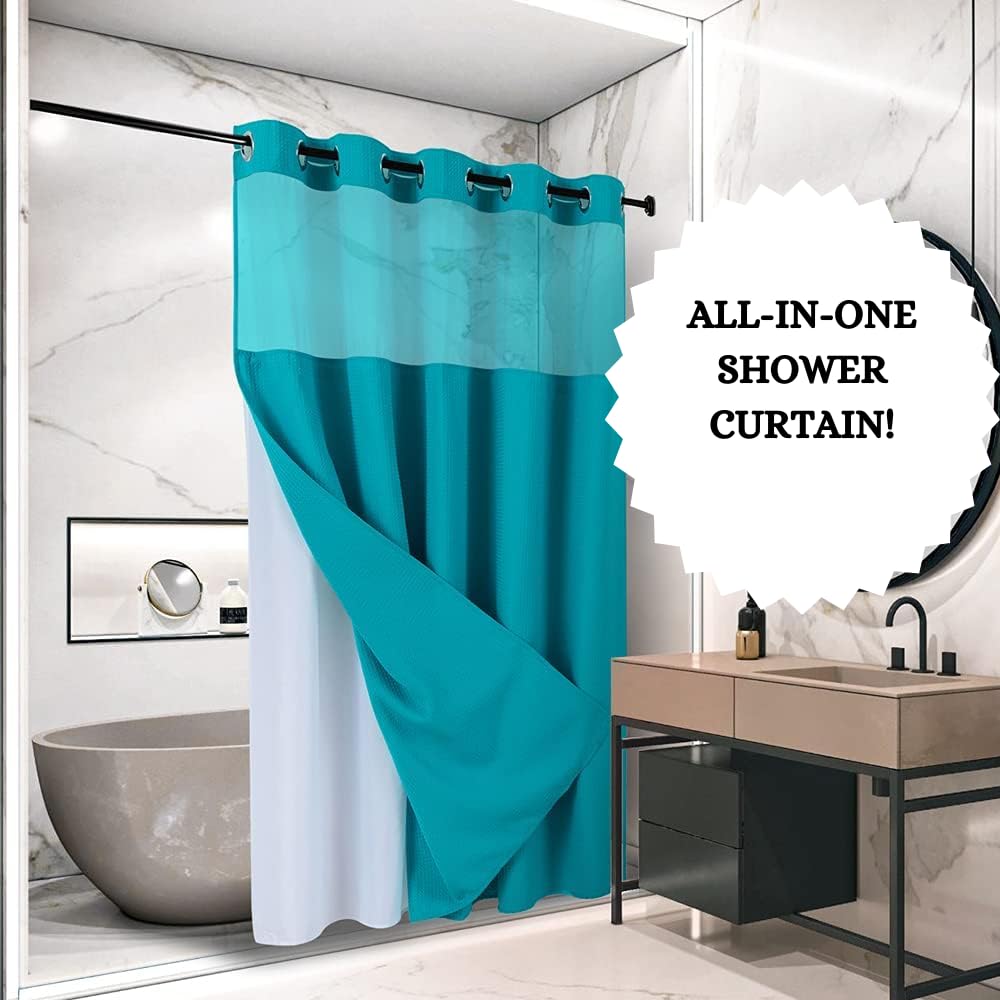 WPM - Cortina de Ducha con Forro a presión, diseño de Punto gofre, Estilo de Calidad hotelera, Impermeable y Lavable, Ventana Superior de Malla, fácil de Poner (72 x 74 Pulgadas con Forro, Verde