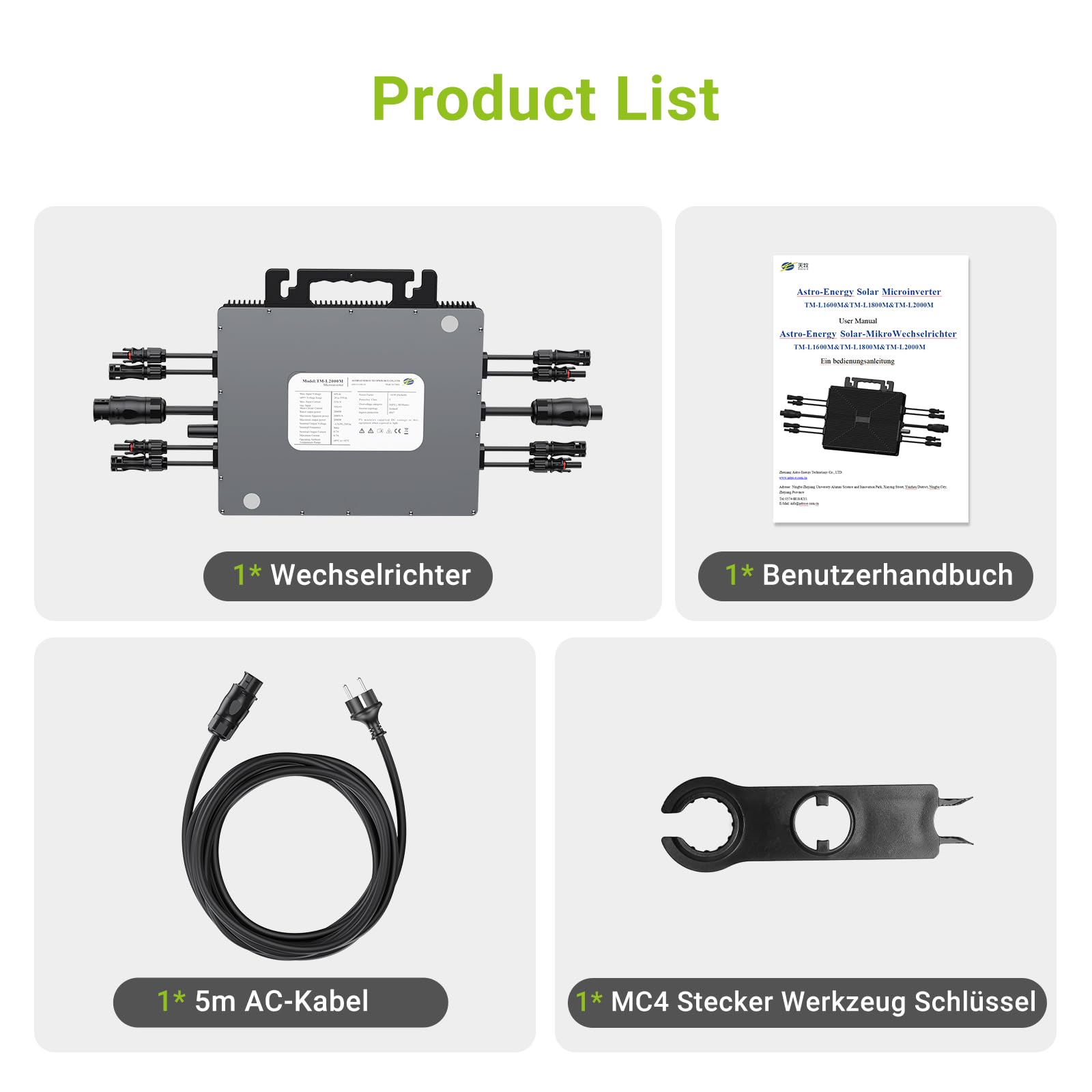 Mikrowechselrichter 2000W, Wechselrichter Balkonkraftwerk mit WLAN, Plug & Play, App Steuerung, 5M AC-Kabel, PV-Wechselrichter, MPPT Integrierter