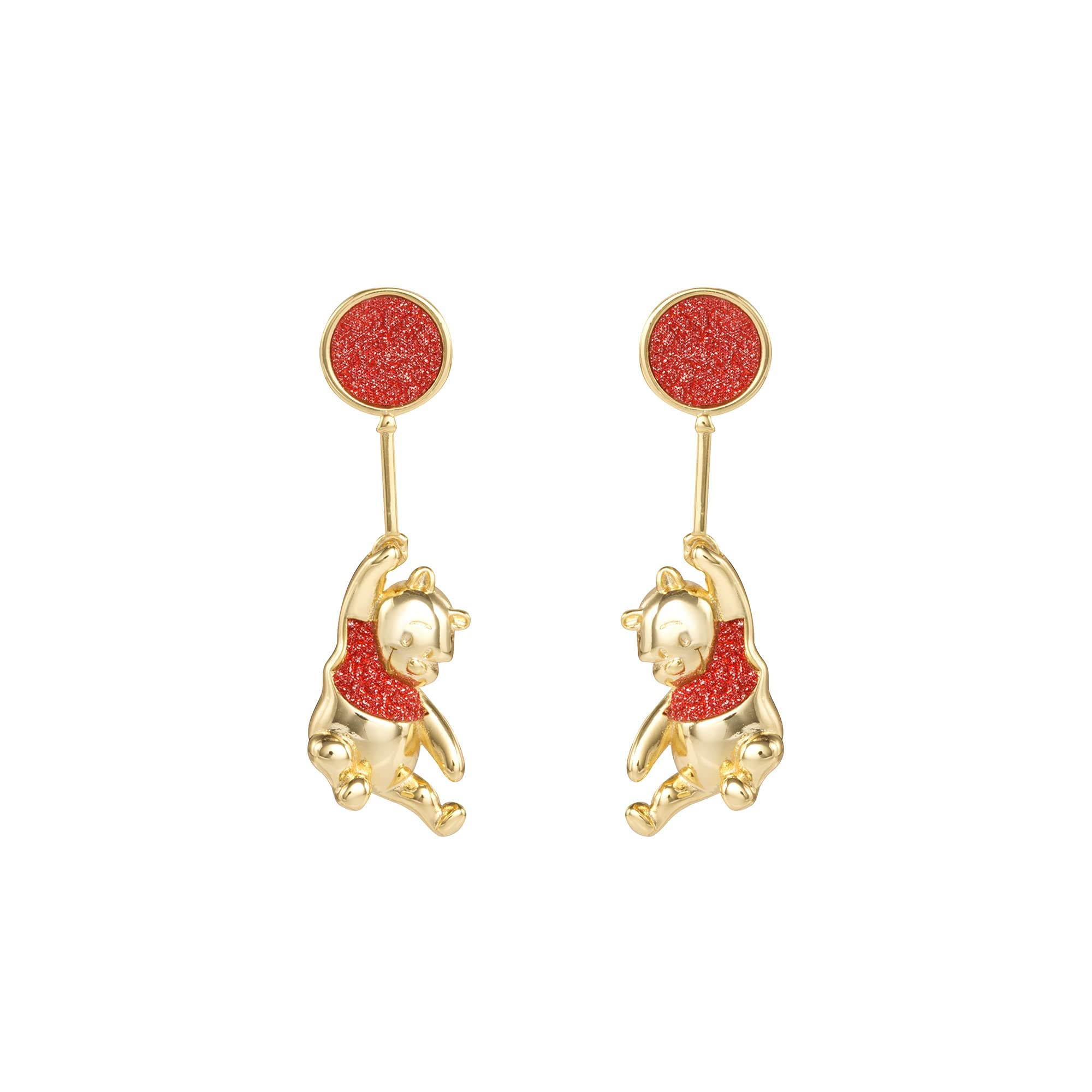 Orecchini Disney Winnie the Pooh con glitter rosso e finitura placcato oro - orecchini pendenti da donna e bambina - gioielli Ufficiali Disney - idea regalo