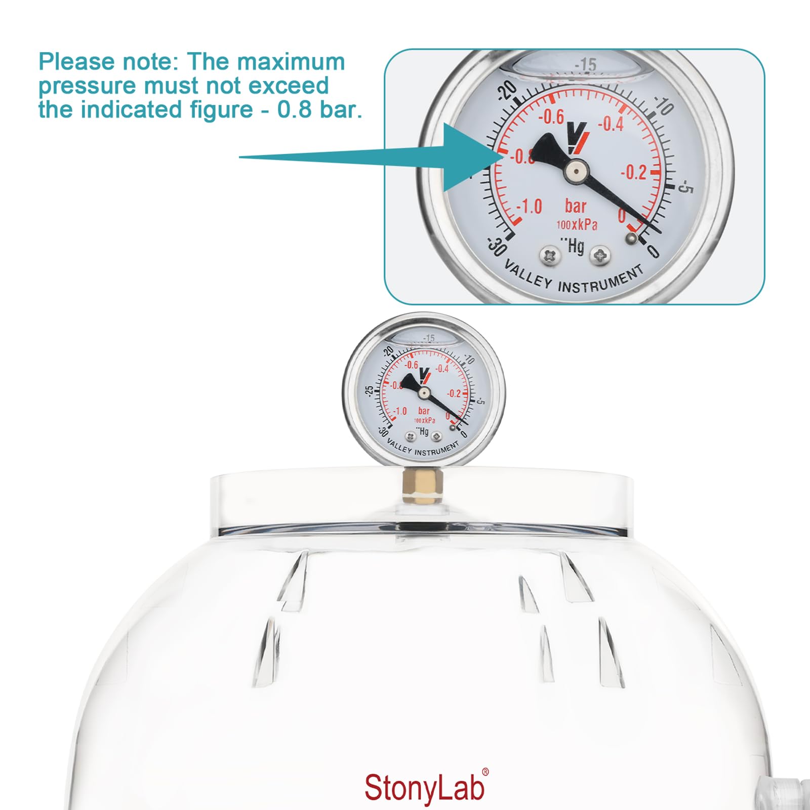 stonylab Desecador de Vacío de PC, Material Reforzado para Mayor Durabilidad, Sello de Silicona Confiable, Sistema de Doble Válvula, Equipado con Manómetro, Diámetro de 300 mm, para Uso en Laboratorio