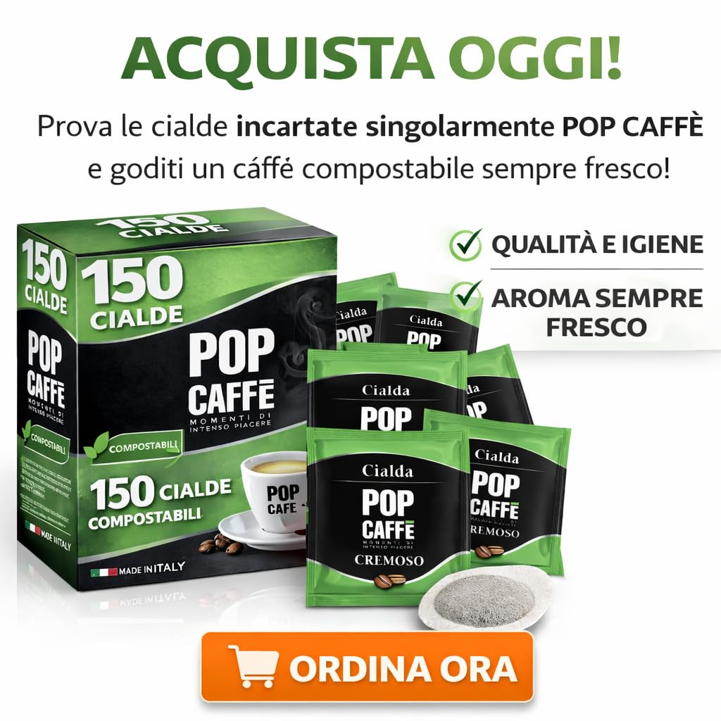 POP Caffè Cialde ESE 44 Compostabili – 150 Cialde Caffè Miscela Rossa Cremosa, Espresso Intenso, Compatibili con Macchine ESE 44mm