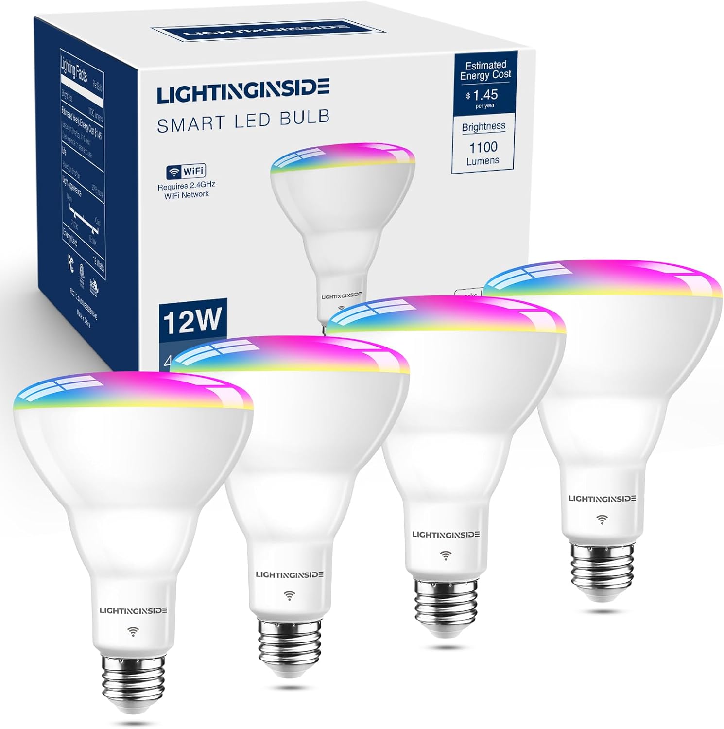 Lightinginside Smart Light Bulb 75W Equivalent, 1100LM 12W RGBCW BR30 E26 Bulb Works with Alexa/Google Home/Smart Life, 2.4G WiFi Bluetooth Recessed Flood LED Bulbs, No Hub Required, ETL Listed, 4PCS