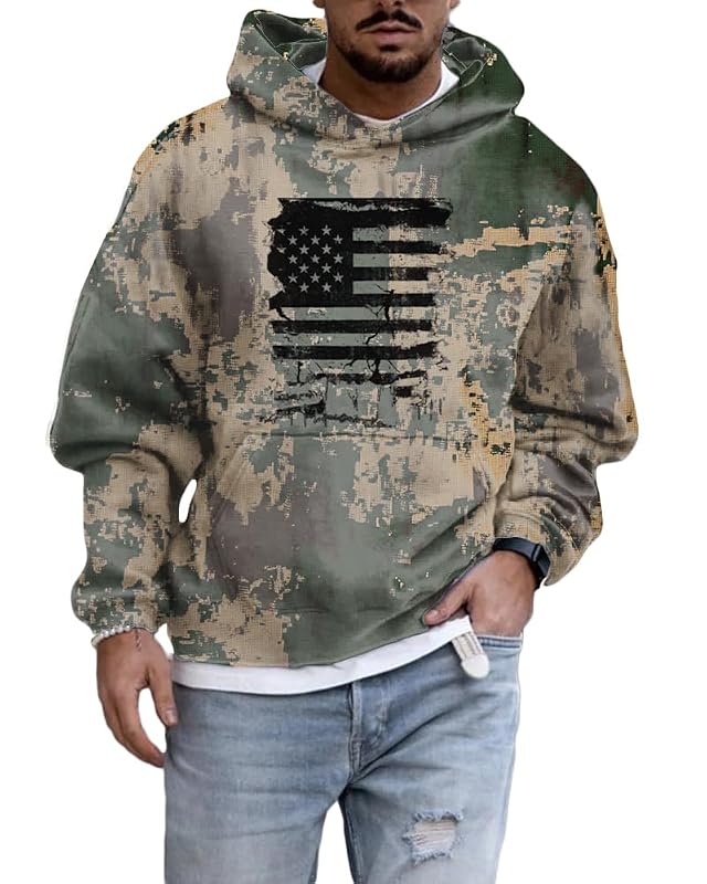 ZOCAVIA Mens American Flag Camo Hoodies Western Cowboy Graphic Hooded Sweatshirts Fall Fashion Retro Pullover Top with Pocket