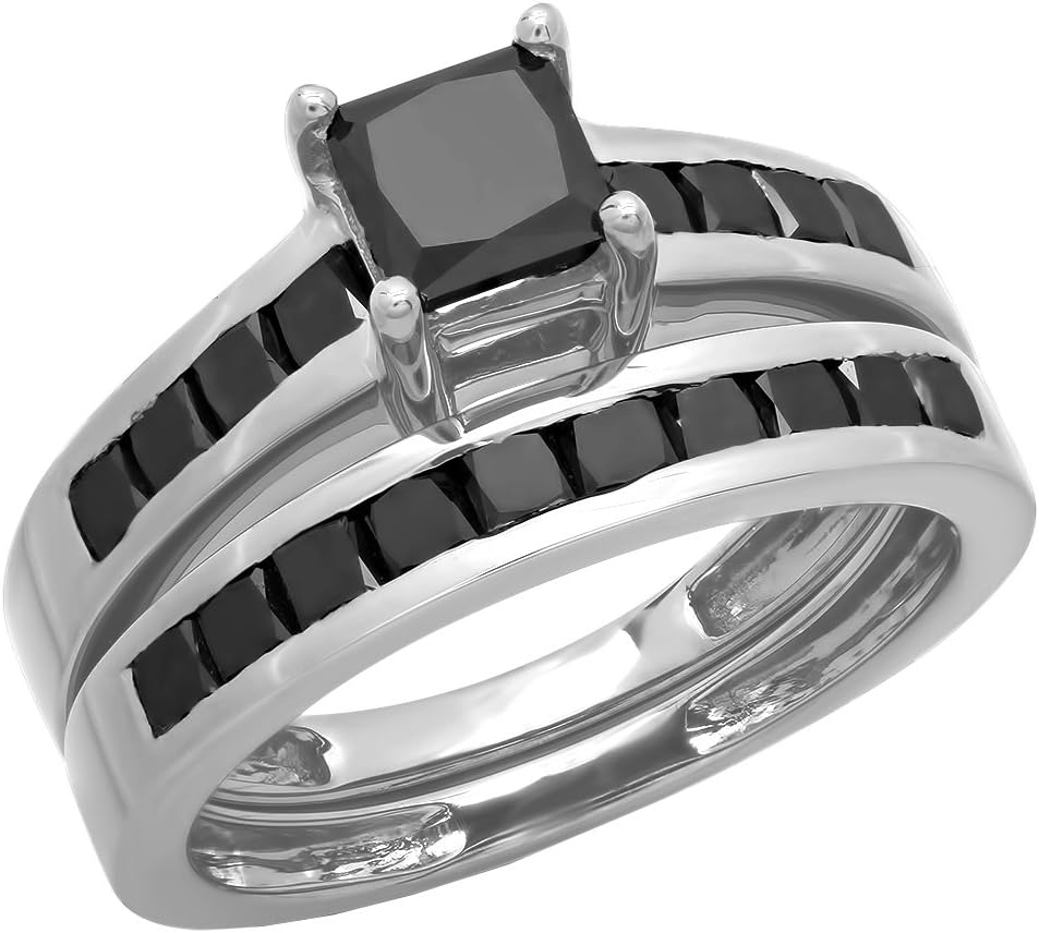 Dazzlingrock Collection 2.35 Ctw Princess Black Natural Diamond Bridal Engagement Ring Set, Sterling Silver