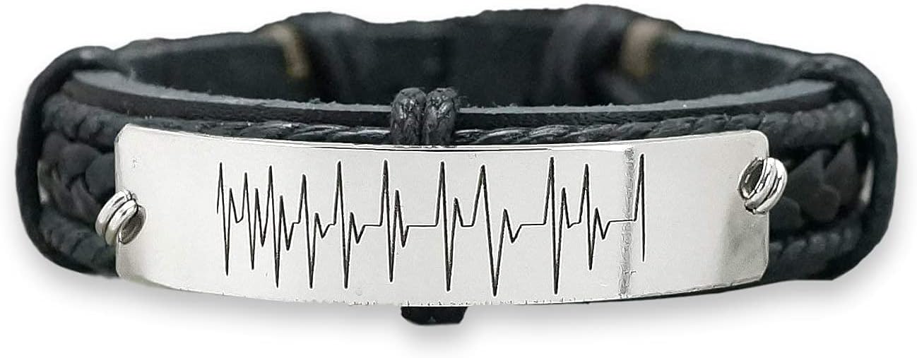 Personalized Ultrasound Bracelet, Heartbeat EKG, Custom Voice Sound Engraved, Silver and Black Leather Cuff