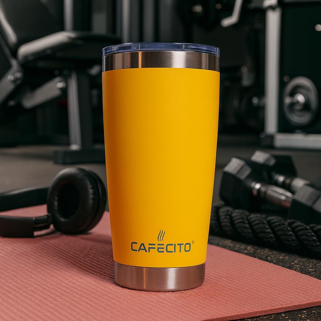 CAFECITO® 20 oz Stainless Steel Vacuum Insulated Tumbler with slider Lid – Double Wall Travel Mug for Hot & Cold Drinks – BPA-Free, No-Sweat Design – Fits Cup Holders – Miami Yellow