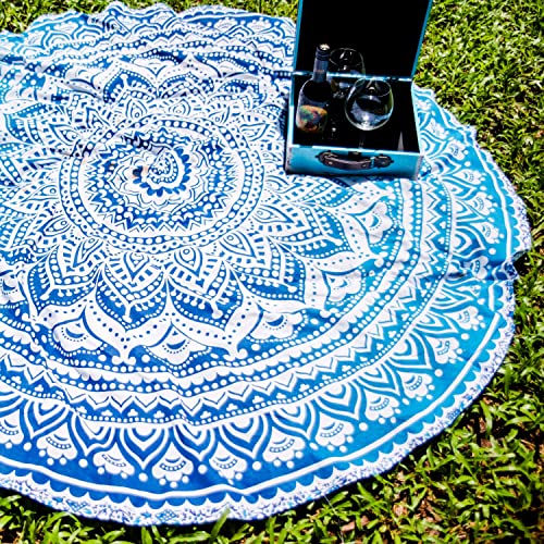 Folkulture Majestic Blue Round Mandala Tapestry Or Hippie Indian Beach Blanket Or Bohemian Large Yoga Mat For Meditation, Boho Gypsy Cotton Tablecloth Or Mandala Beach Towel - 72 Inches, Blue #TOP6