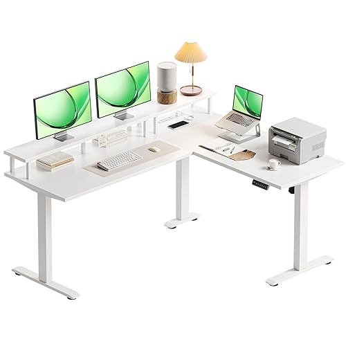 AODK Electric L-Shaped Standing Desk, 59 Inch Height Adjustable Office Desk with Monitor Stand, Sit-Stand Desk with Power Outlets, Large Lift Table for Home, Office, Workstation, White - White