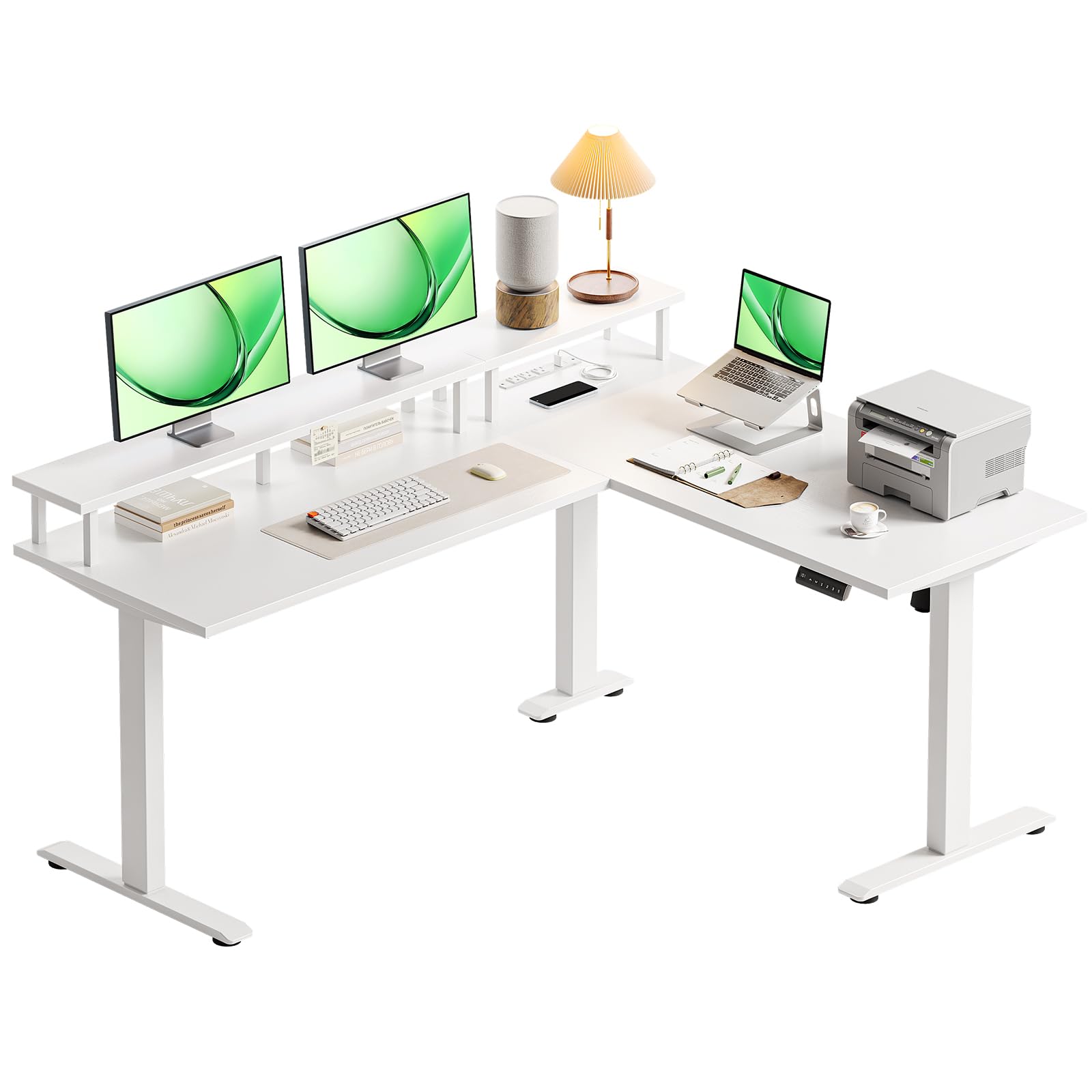 AODK Electric L-Shaped Standing Desk, 59 Inch Height Adjustable Office Desk with Monitor Stand, Sit-Stand Desk with Power Outlets, Large Lift Table for Home, Office, Workstation, White