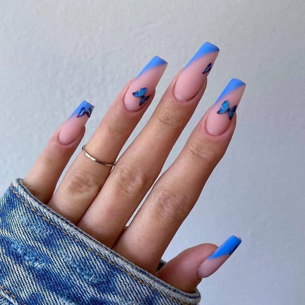 Butterfly Press on Nails Square Blue Butterfly Fake Nails Long French Nude Pink False Nails Pink Nude Exquisite Nail Design Acrylic Nails Full Cover Coffin Matte Nail Decorations for Women Girls for Nail Art 24Pcs