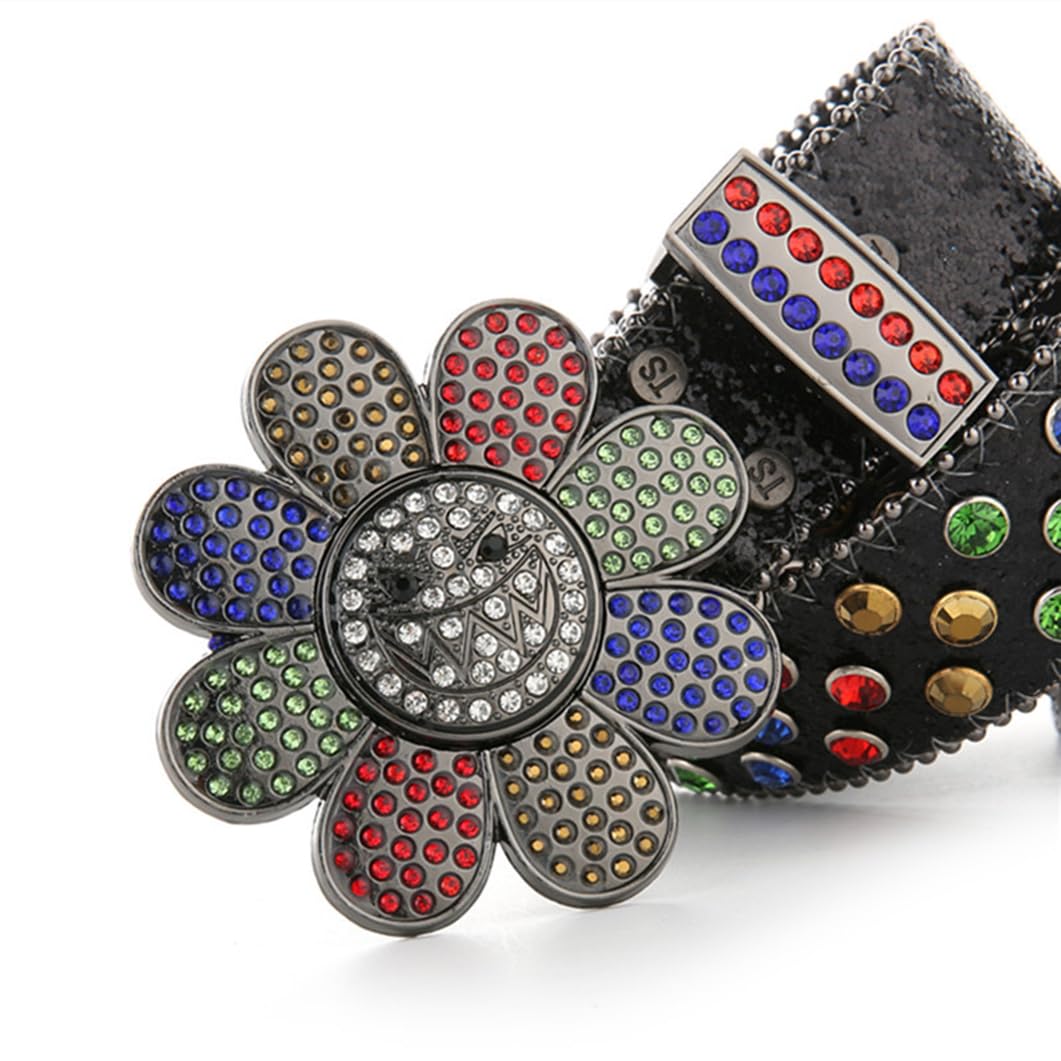 Cintura Occidentale Tempestata Di Strass Multicolor, Girevole In Pelle Con Paillettes Fibbia A Scatto Girasole 105 Cm Blu