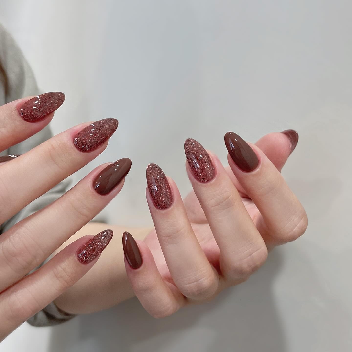 Set of 14 Pc, Press-on Almond Nails, Brown Glitter and Solid Colour Mix, Long lenght With Free Glue Kit-image-26