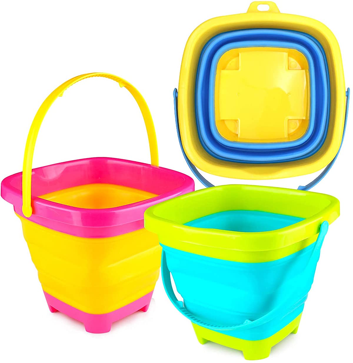 Collapsible Beach Bucket, Sand Toys Set KASTWAVE 3 Pcs Silicone Foldable Pail Colorful Beach Bucket, Collapsible Buckets for Kids Play Camping Gear Water, Food Jug, Dog Bowls, 2 L