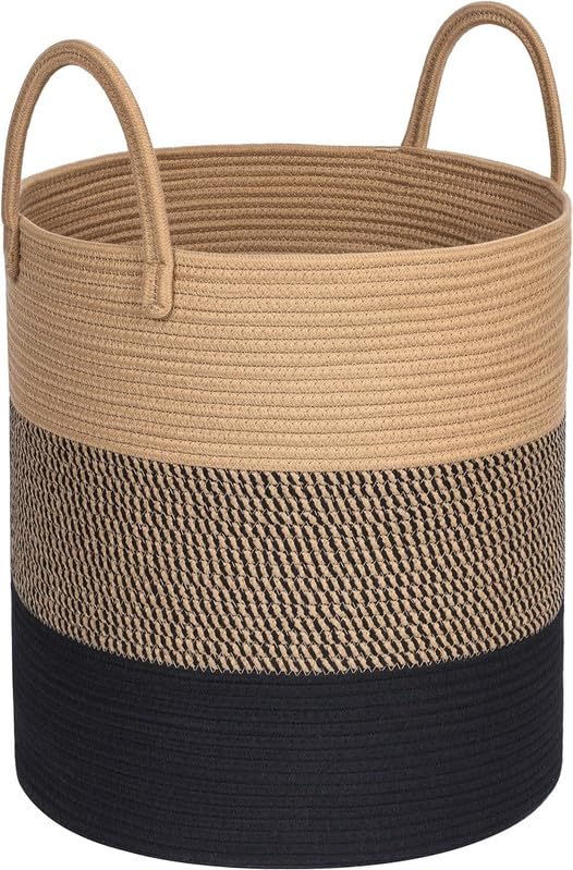 Image of Storage Cotton Rope Basket and Laundry Hamper for Dirty Clothes, Towels, Blankets, Pillows Storage in Living Room, Laundry Room and Bedroom (Beige Black, 15x18 Inch)