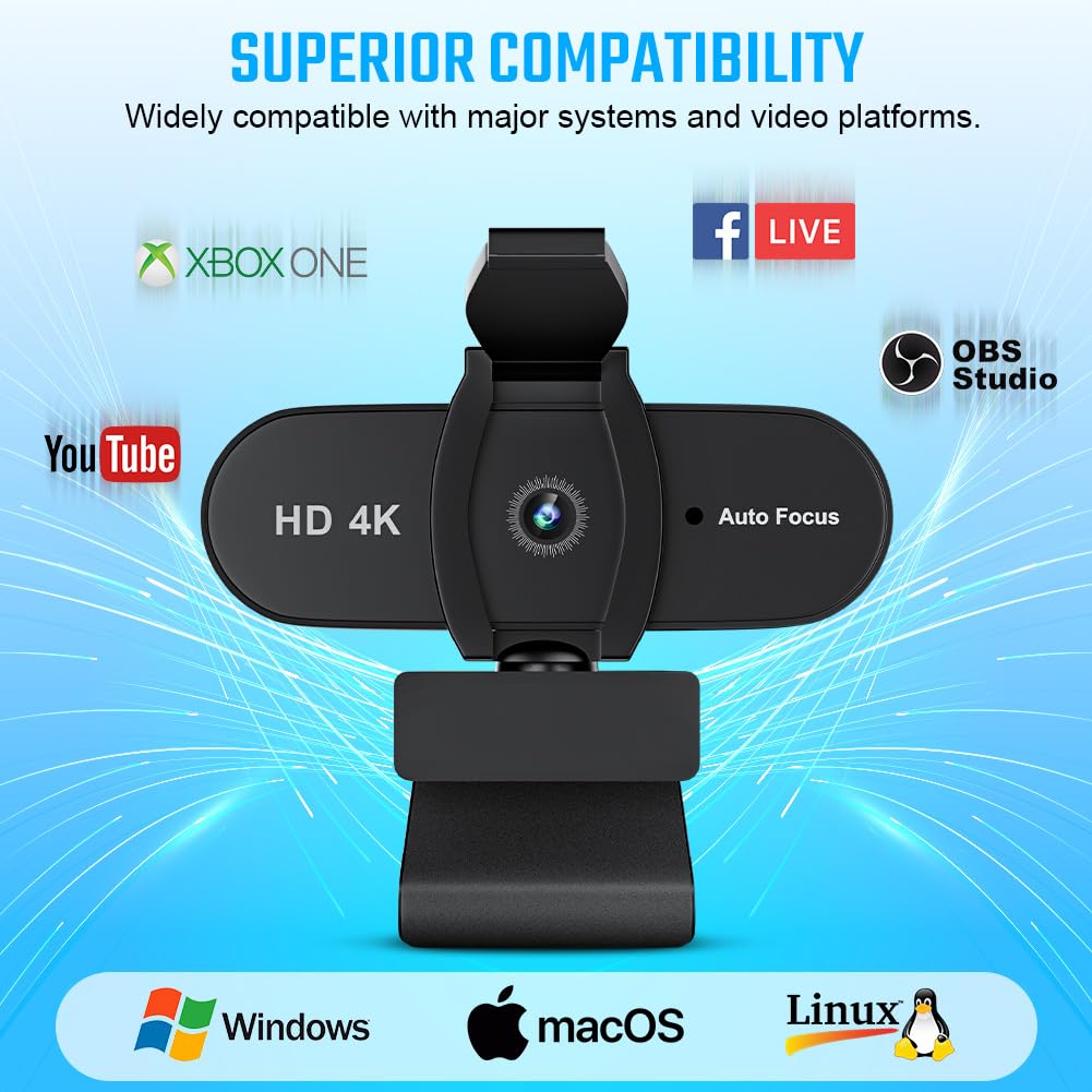 OFFCUP 4K Webcam PC con Microfono Cancellazione del Rumore, Web Cam Full HD 1080p USB Web Camera Streaming Videocamera Plug & Play PC Laptop Desktop per Videochiamate Conferenza e Studio