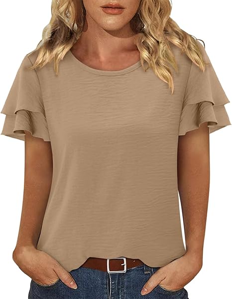 CRAZY GRID Women's Shirts Summer Casual Crewneck Ruffle Short Sleeve Blouses Cute Floral Print Tunic Tops