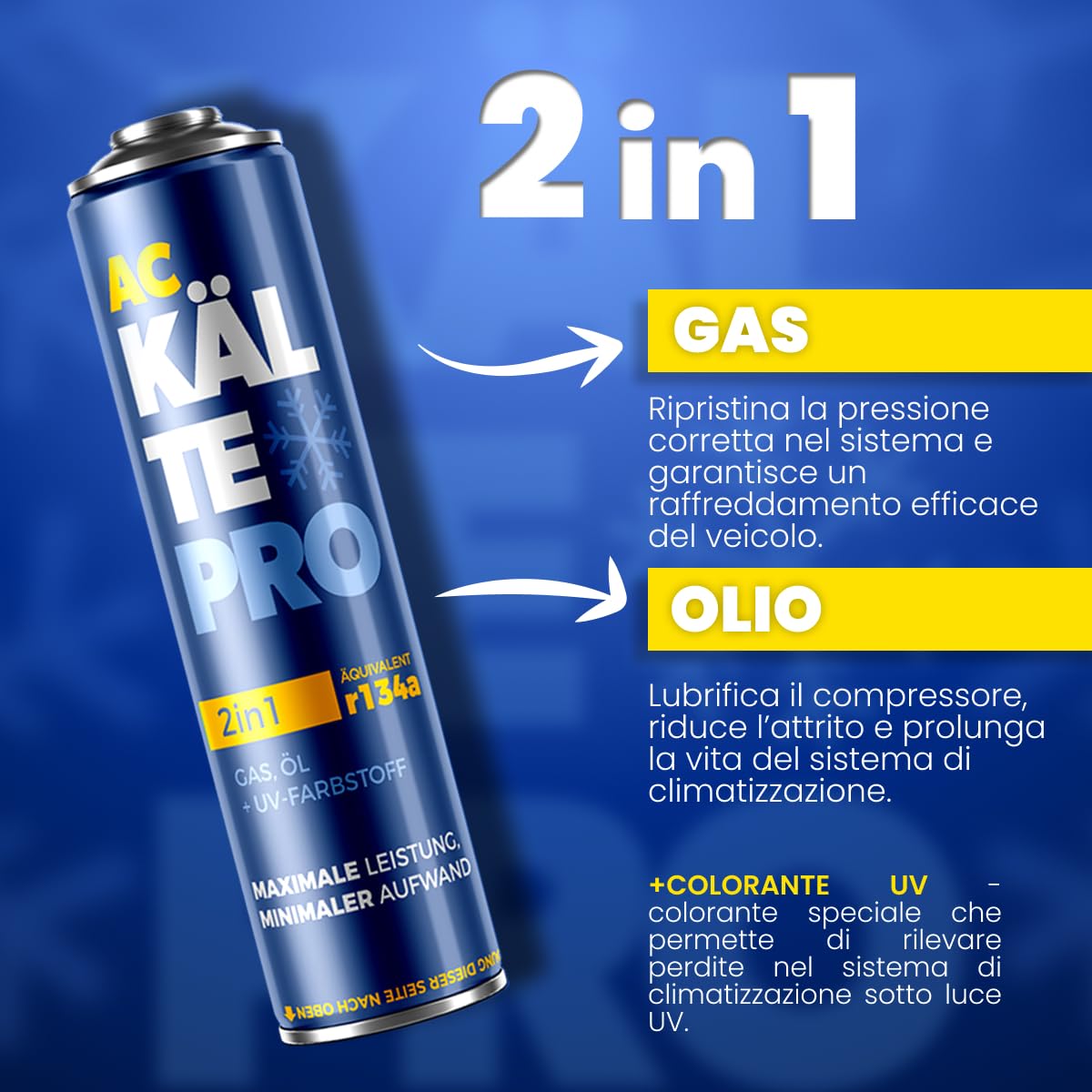 Ricarica Clima Auto R134a Fai da Te - Gas Refrigerante con Olio Lubrificante - Kit 2-in-1 per Climatizzatore Auto 1995–2016- Equivalente a 755g di Gas R134a