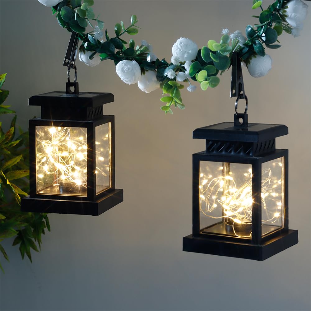 JHY DESIGN Zestaw 2 latarni solarnych LED do użytku na zewnątrz, dekoracyjne solarnie z uchwytem, LED lampa wisząca, dla ogrodu, tarasu, patio, balkonów (Z uchwytem)