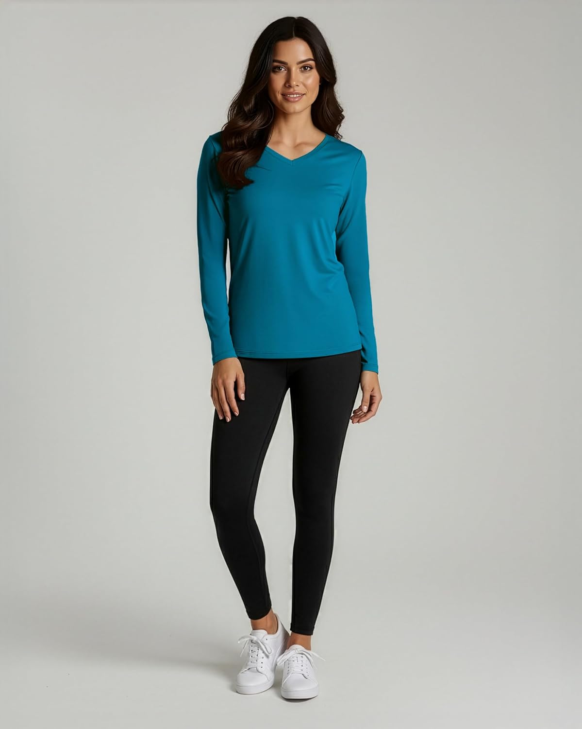 Real Essentials 4 Pack: Women's Long Sleeve Dry Fit V-Neck T-Shirt - Active Athletic Workout Gym Top (Plus Available) - Image 4