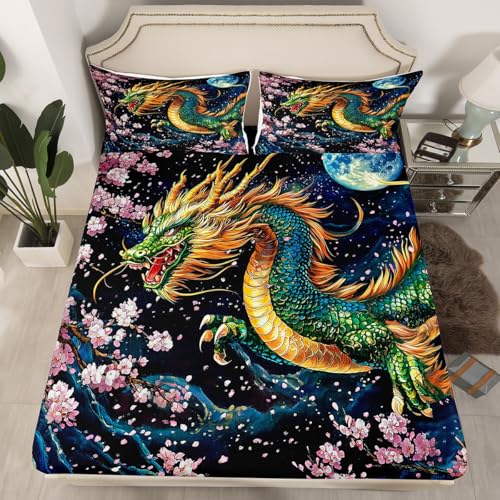 Sábana bajera ajustable de dragón exótico, tamaño King, juego de ropa de cama de estilo tradicional japonés, sábana de cama de 3 piezas (sin sábana encimera), sábana bajera profunda de noche gótica, 2