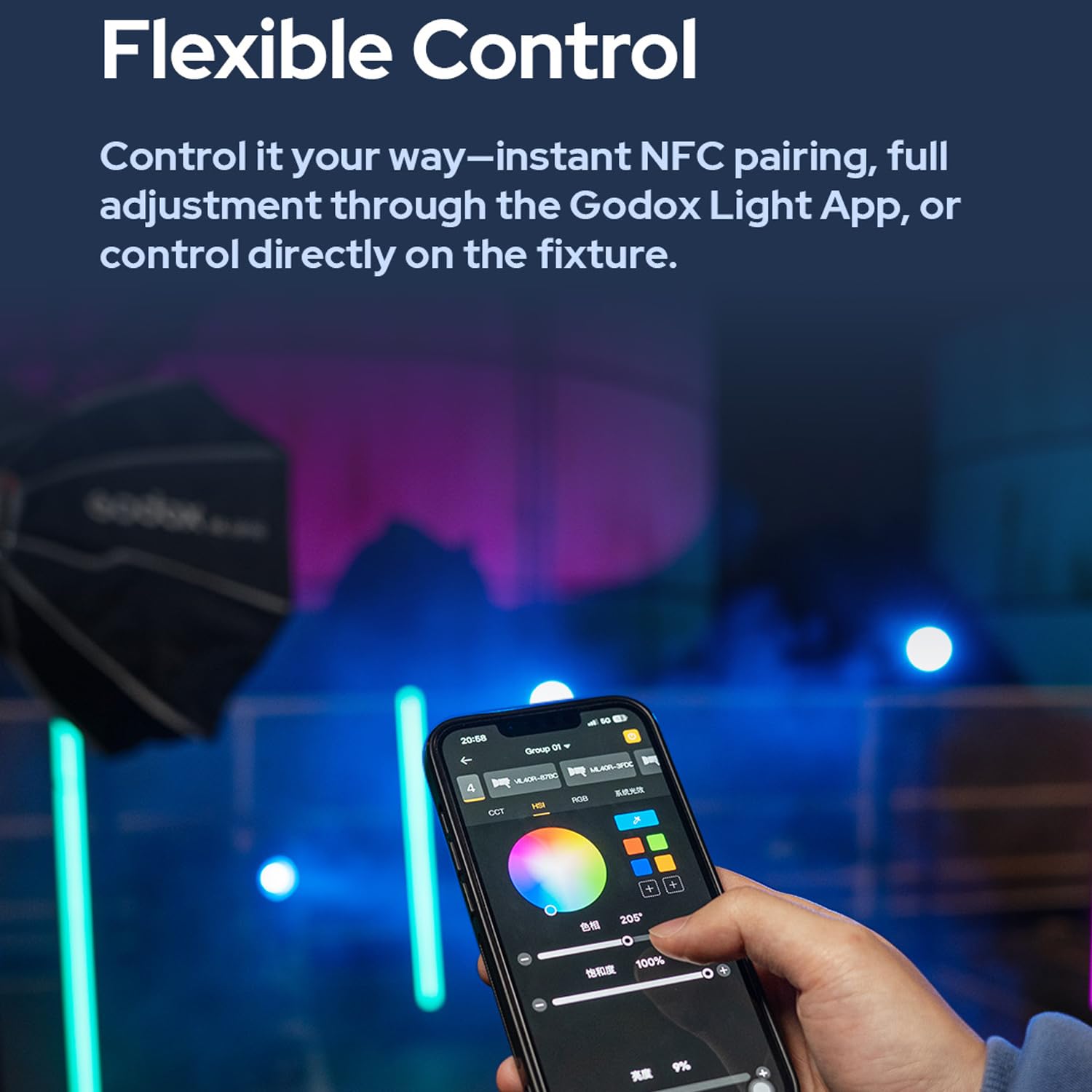 Godox ML40Bi Magnetische LED-Videoleuchte mit ML-10 Linsenreflektor, 2800K-6500K Fotoleuchte, CRI＞96, 11FX-Lichteffekte, Integrierter Lüfter, 30m Bluetooth-Steuerung mit Godox-Mount