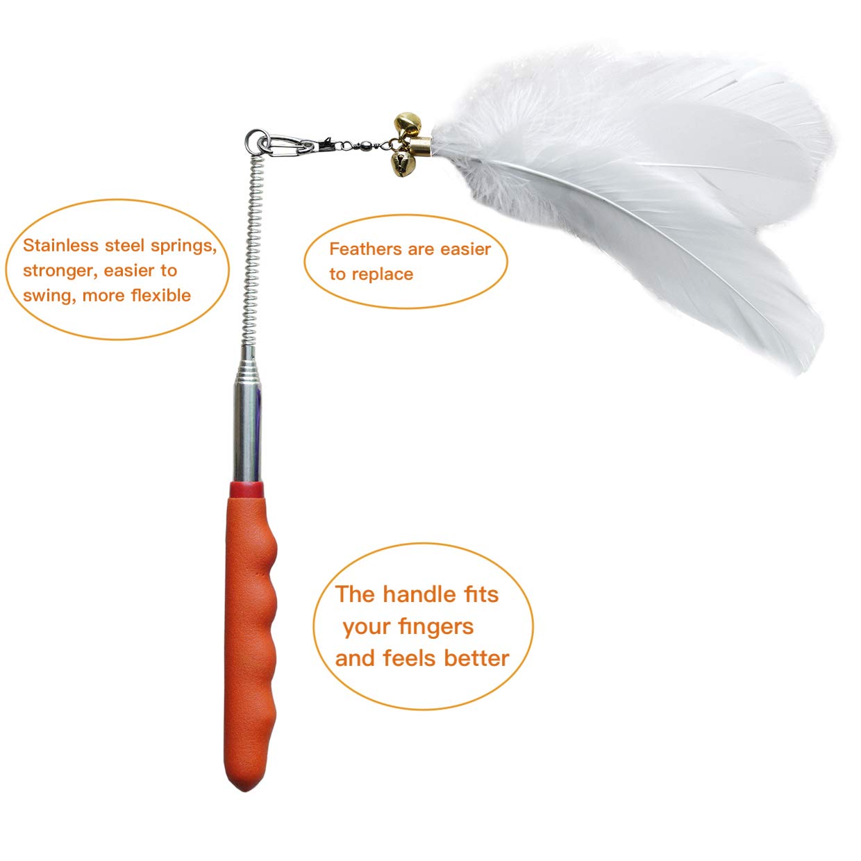 JOCYI Cat Feather Toys,2PCS Telescopic Stick 33Inch and 6PCS Replacement Teaser, Stainless Steel Spring Connection Feather,Bell Sound Louder,Not Easy to Break,Easier to Replace Feathers