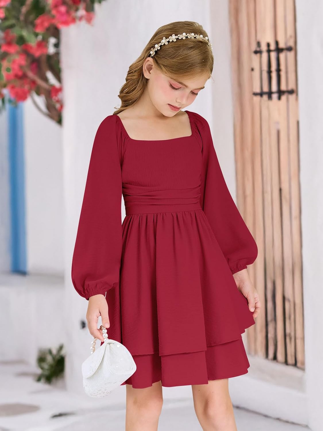 Girls Fall Dress Long Sleeve Dresses Smocked Ruched Square Neck Tiered Flowy Casual Formal Tween Dress 5-14 Years - Image 4