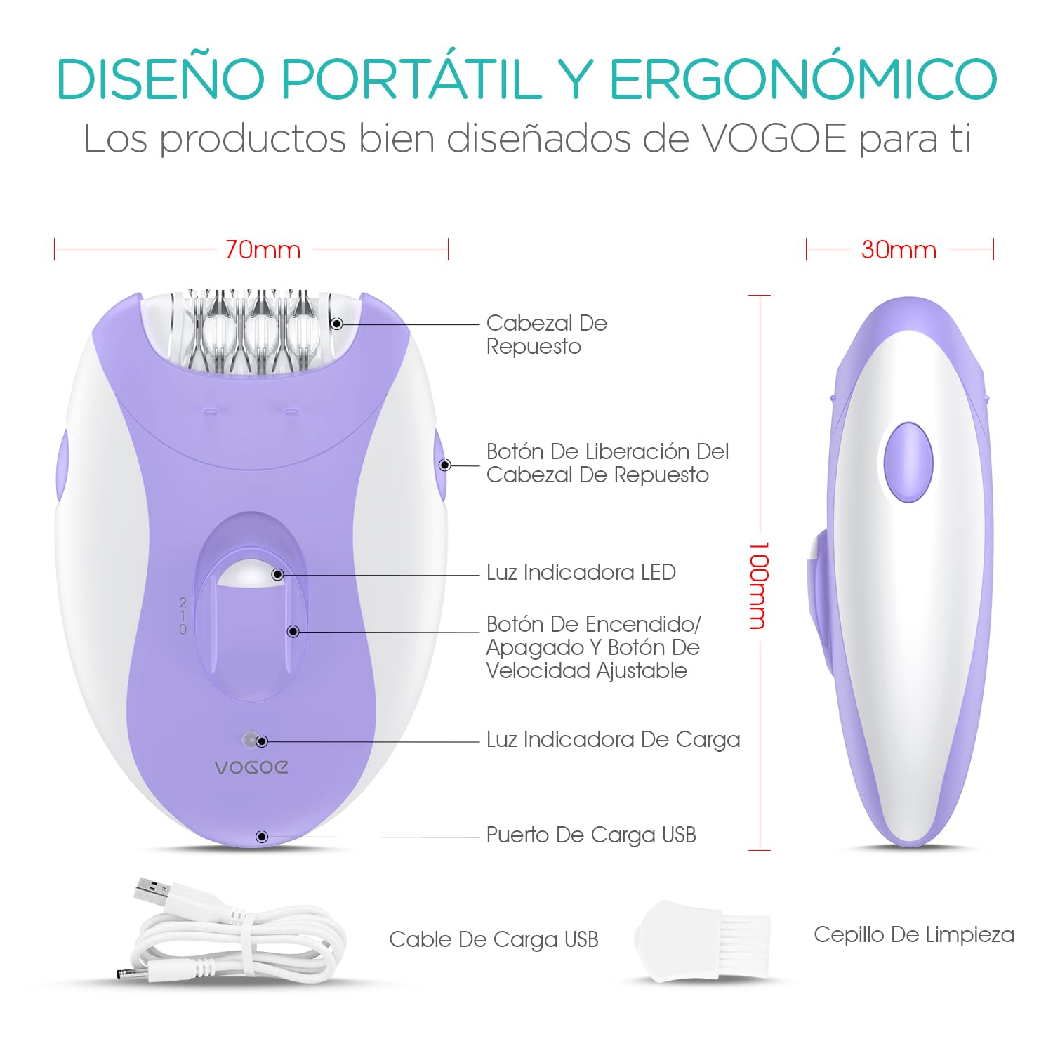 VOGOE Depiladora Electrica Mujer,Maquina Depilar 4 en 1 con 2 Velocidades, Recargable e Inalámbrica, 21 Pinzas Cubiertas, epilator para Cara Piernas Brazos Axilas Bikini, Morado HR310