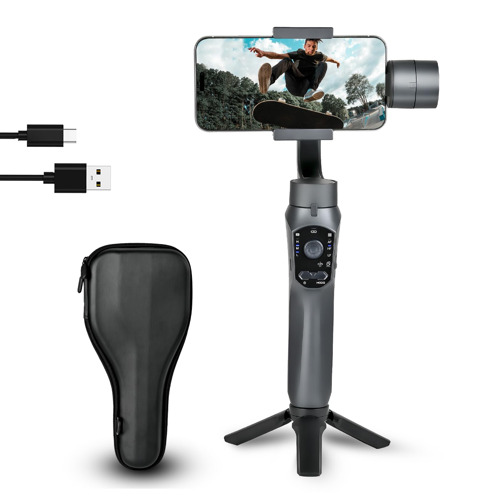 Stabilisateur Smartphone, Stabilisateur Cardan sur 3 Axes,Suivi AI, Mode Ultra Grand Angle pour iPhone 15/14/13/XR Pro/Max,Samsung Galaxy/Huawei,Charge utile 280 g,Vloggers/Youtube