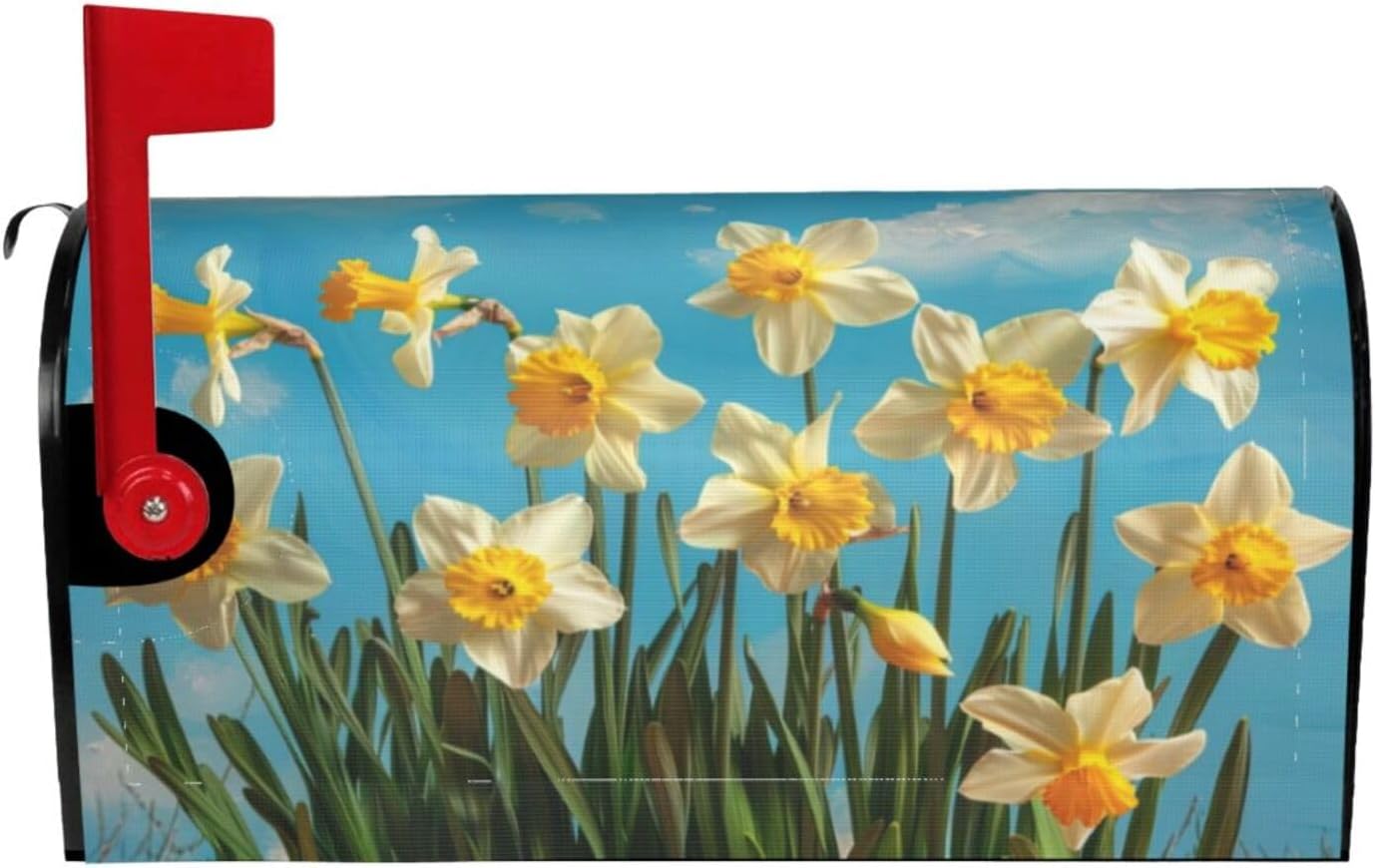 Spring Daffodils with Blue Sky Mailbox Cover Magnetic Standard Size Letter Post Box Cover Wrap Oversize Decoration Welcome Home Garden Outdoor 21" Lx 18" W