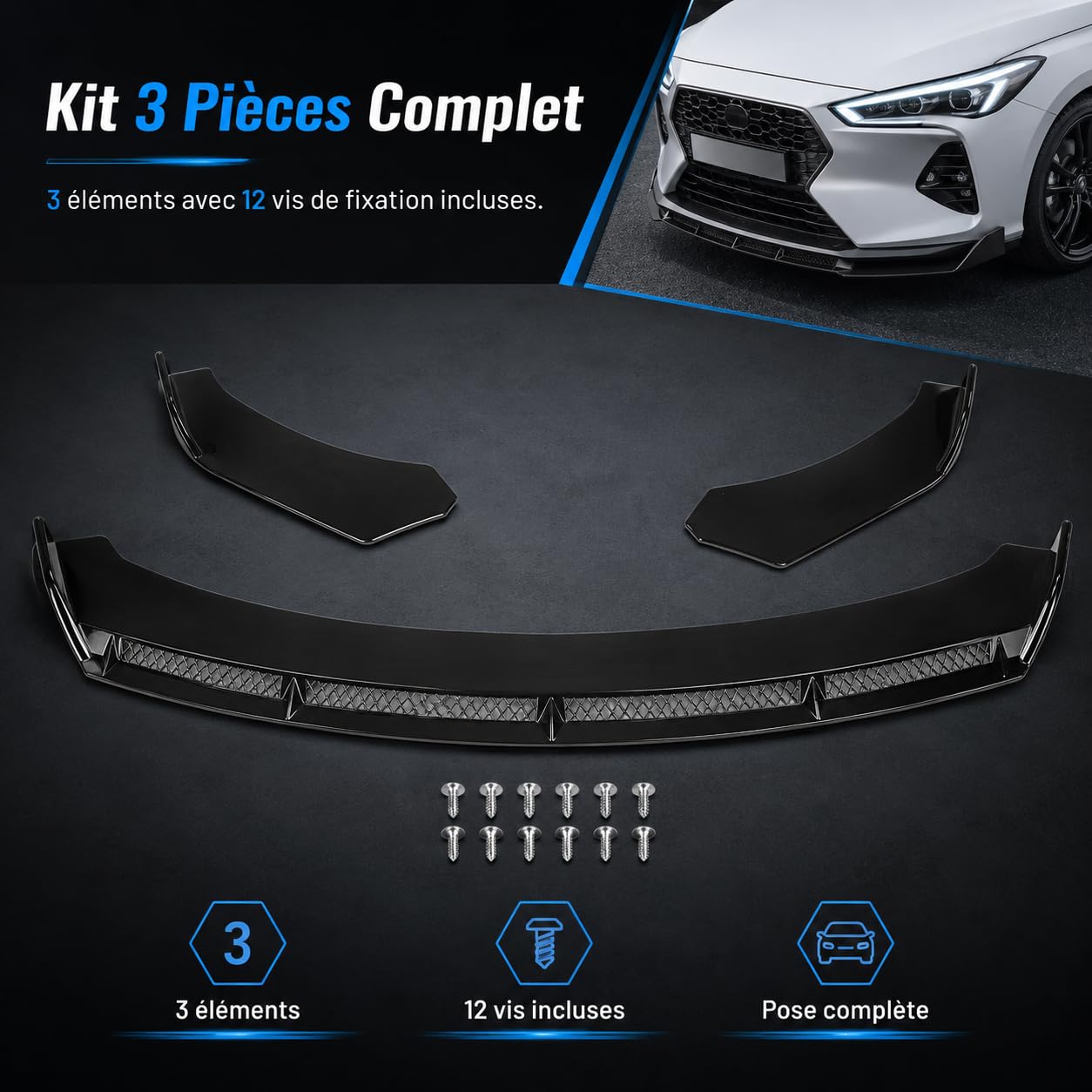 Kit Lèvre Pare-Chocs Avant, Aileron Spoiler Tuning Auto Universel 3Pièces