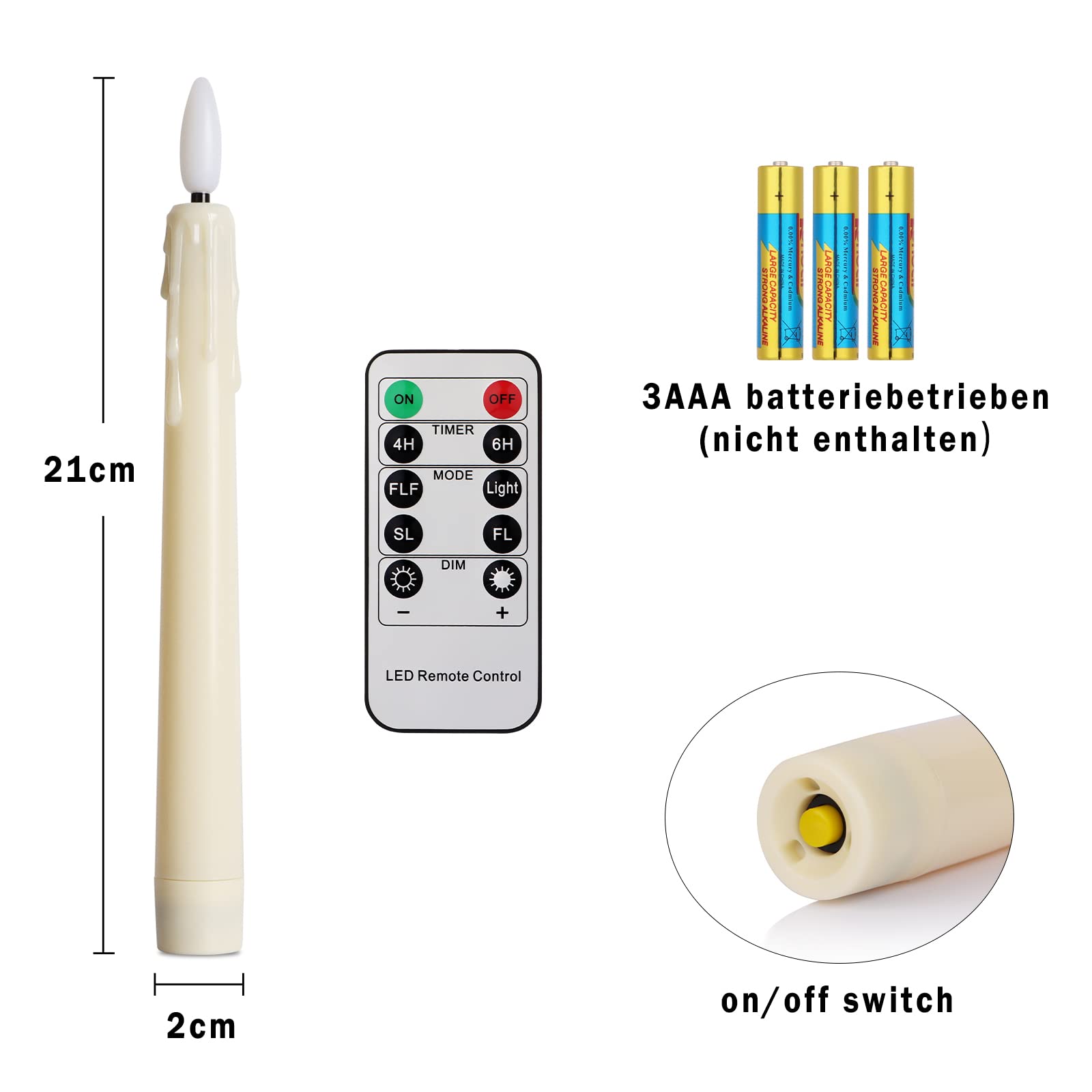 FREEPOWER 6 Candele LED Lunghe con Telecomando Timer Fiamma Tremolante, Funzionamento Batteria, Luce Bianca Calda, Dimmerabili, Decorazione per Natale Feste Famiglia, 2 x 21cm
