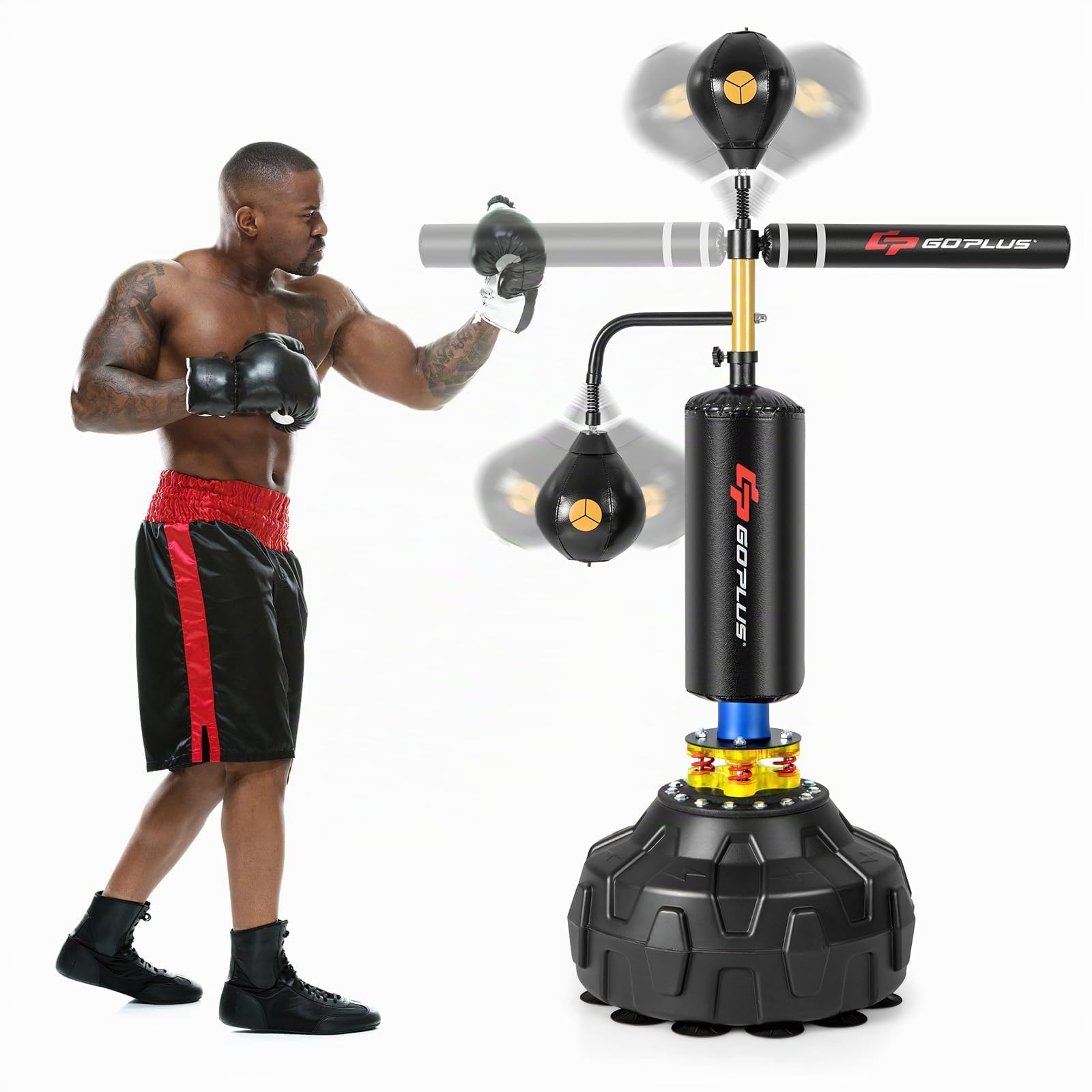 GOPLUS Saco de Boxeo de Pie Profesional, Entrenador de Velocidad de Boxeo con Soporte, 2 Peras de Velocidad, Barra Giratoria, Equipo de Fitness de Altura Ajustable, Base Rellenable para Adulto