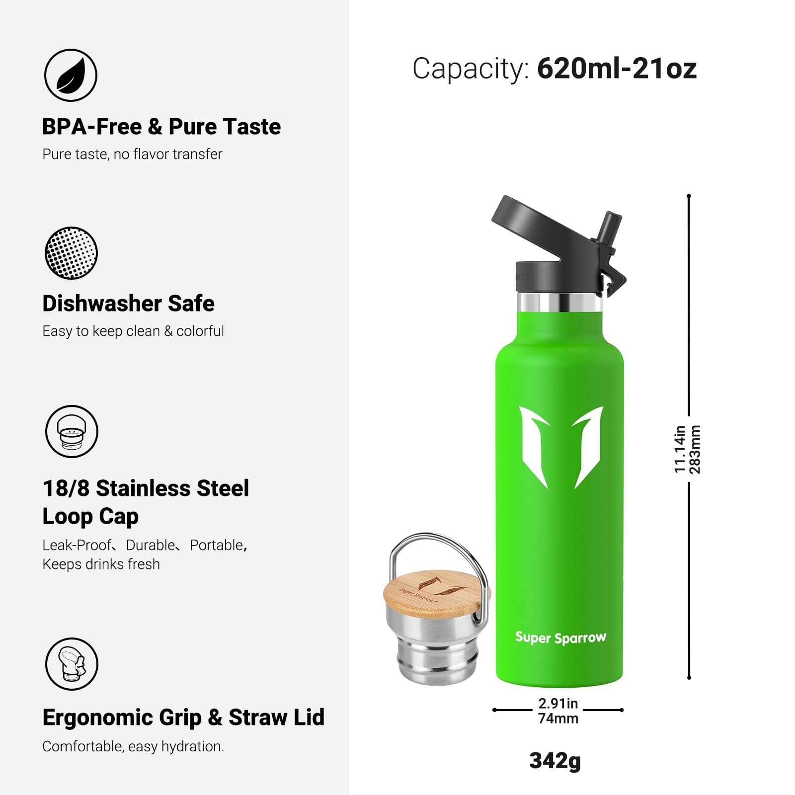 Super Sparrow Borraccia Termica - Bottiglia Termica Senza Perdite - 350ml/500ml/620ml/750ml/1L - Senza BPA Borracce Bambini - Per Scuola, Sport, Campeggio, Palestra, Ciclismo - Con 2 Tappi