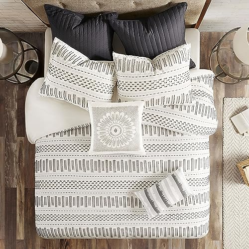 Image of INK+IVY Luxurious Cotton-Bedding Set - Mid Century Trendy Geometric Design, All Season Cozy-Cover With Matching-Shams, Full /Queen, Rhea Jacquard Ivory /Charcoal