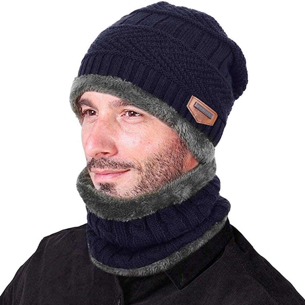 Winter Cap for Men, Women Warm Knitted Cap with Neck Gaiter Knitted Scarf, Warm Winter Cap Scarf Set Beanie Cap Neck Warmer Scarf Winter Cap and Neck Warmer (Navy Blue)
