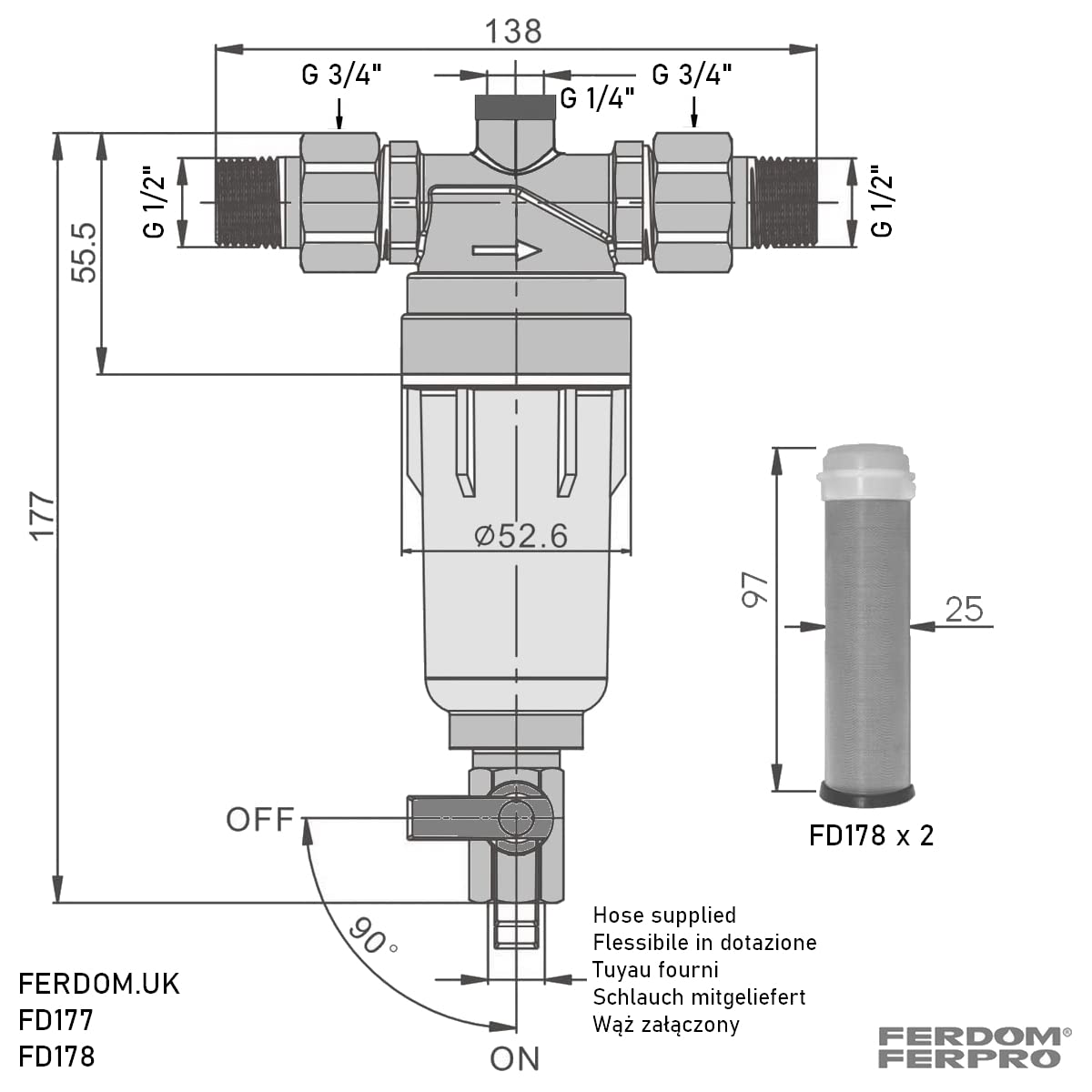 FERDOM FD177 Prefiltro. Filtro Dell’acqua Spin-Down, Riutilizzabile. Maglia Acciaio Inox, 90 Micron, Con 1/2”(3/4”), Flusso max 2,5m3/H. Testa di Ottone, Involucro Trasparente.